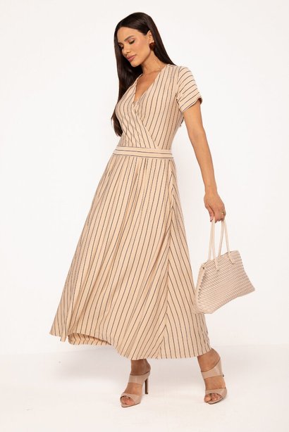 Vestido Maxi Midi em Malha Listrada com Transpasse Nude Lys Lekazis
