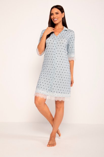 Pijama Camisola em Malha Estampa Poás LK Azul Analu Lekazis