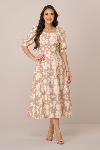 Vestido Marrom Midi na Viscose com Mangas 3/4 Laura Tatá Martello