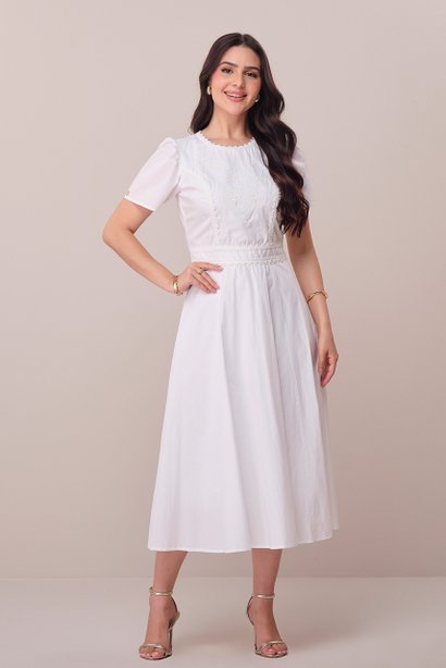 Vestido Off White Midi no Algodão Lauana Tatá Martello