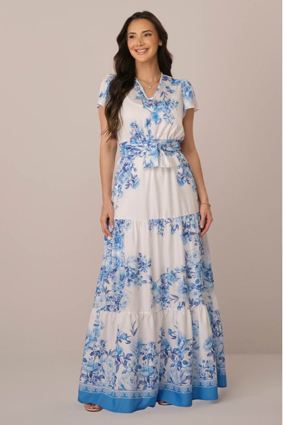 Vestido Azul Longo no Crepe Estampado Tainara Tata Martello