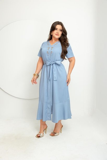 Vestido Longuete Jeans Leve Claro Bordado Bella Boni