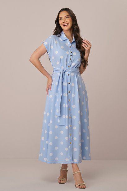 Vestido Azul Midi no Viscolinho Poá Janaina Tatá Martello