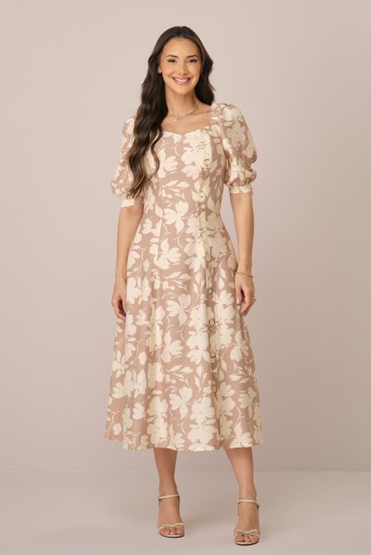 Vestido Marrom Midi na Viscose com Mangas 3/4 Laura Tatá Martello