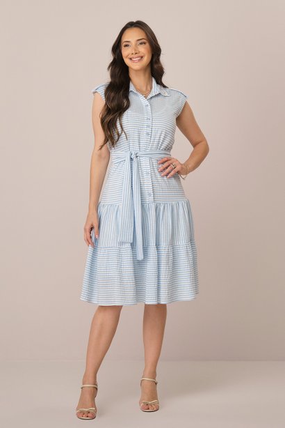 Vestido Azul Midi Listrado com Gola Tradicional Lauany Tatá Martello