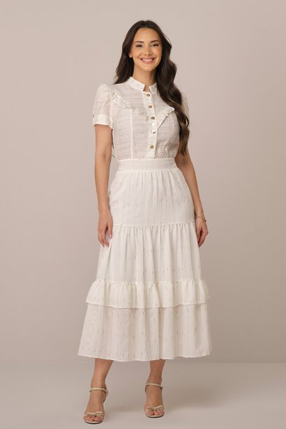 Vestido Off White Maxi Midi na Viscose com Brilho Lurex Marieva Tatá Martello