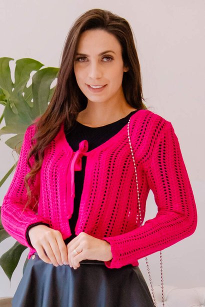 Cardigan Tricô Rendado Tramas Detalhadas Amarração Pink VicSim