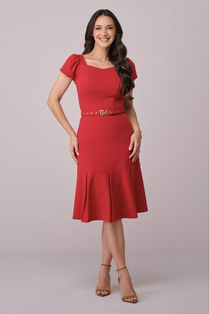 Vestido Vermelho Midi com Cinto Exclusivo TM Louise Tatá Martello