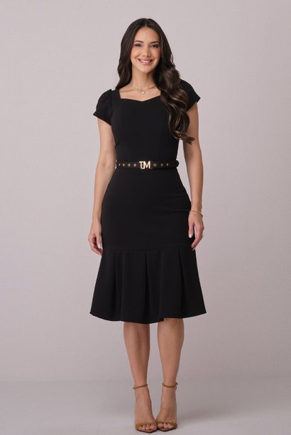 Vestido Preto Midi com Cinto Exclusivo TM Louise Tatá Martello