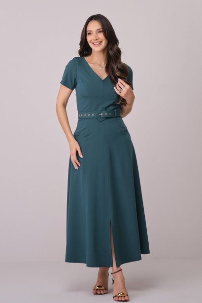 Vestido Verde Escuro Maxi Midi com Cinto Encapado Petra Tatá Martello