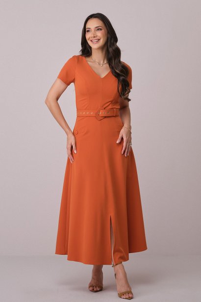 Vestido Telha Maxi Midi com Cinto Encapado Petra Tatá Martello