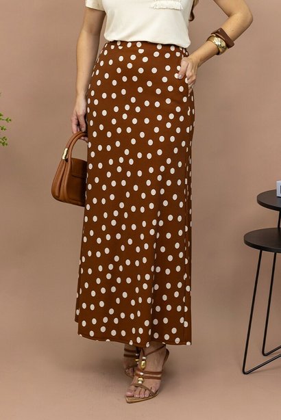 Saia Longa Em Crepe Mocha Mousse Poá Luciana Pais 