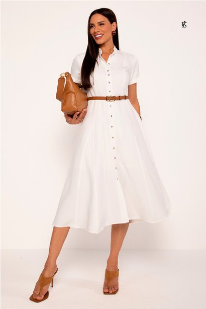 Vestido Midi em Alfaiataria com Nesgas e Manga Curta Off White Marina Lekazis