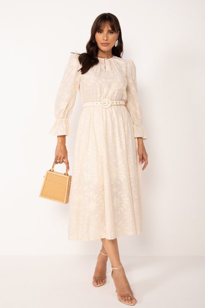Vestido Creme Midi Bordado Floral com Manga 3/4 Pérola Pâmela Lekazis