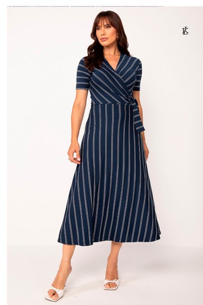 Vestido Listrado Marinho Viscolycra Transpassado com Argola Josimeire Lekazis