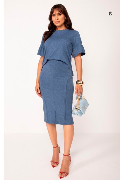 Conjunto de Saia e Blusa em Malha Jeans Arlete Lekazis