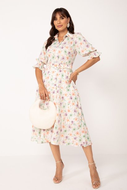 Chemise Off White Midi Floral Candy Colors com Manga 3/4 Mayara Lekazis