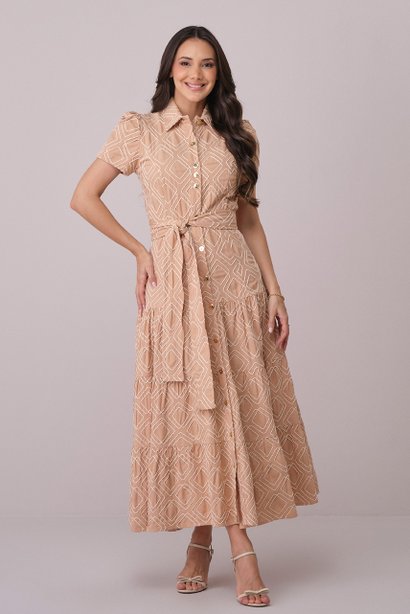 Vestido Bege Midi no Algodão Vanessa Tatá Martello