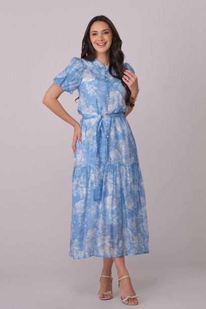 Vestido Azul Midi Estampado com Faixa Juliana Tatá Martello