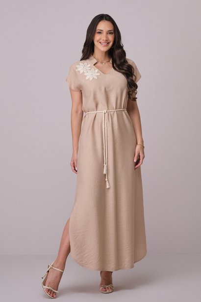 Vestido Bege Maxi Midi no Linho Kessia Tatá Martello