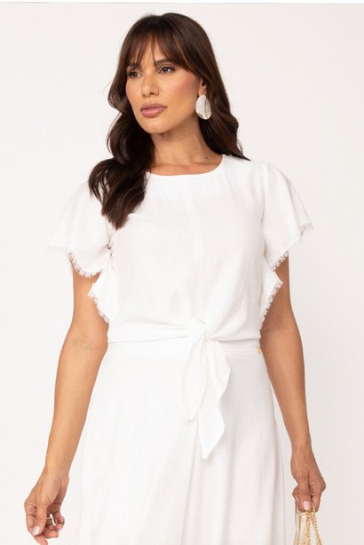 Blusa de Viscose Off White com Manga Babado e Renda Chantilly Vanilda Lekazis