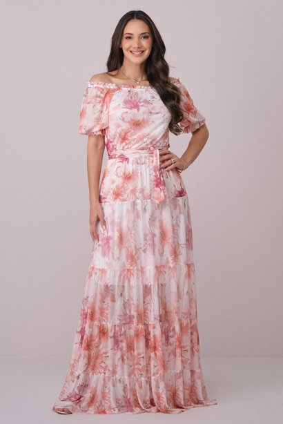 Vestido Off White Longo no Tule Estampado Fernanda Tata Martello