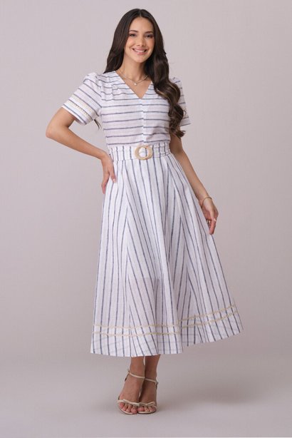 Vestido Azul Midi Listrado com Faixa Giulia Tata Martello