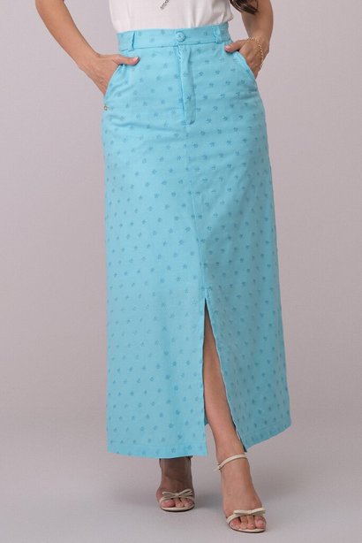 Saia Azul Maxi Midi no Linho Bordado Celina Tata Martello