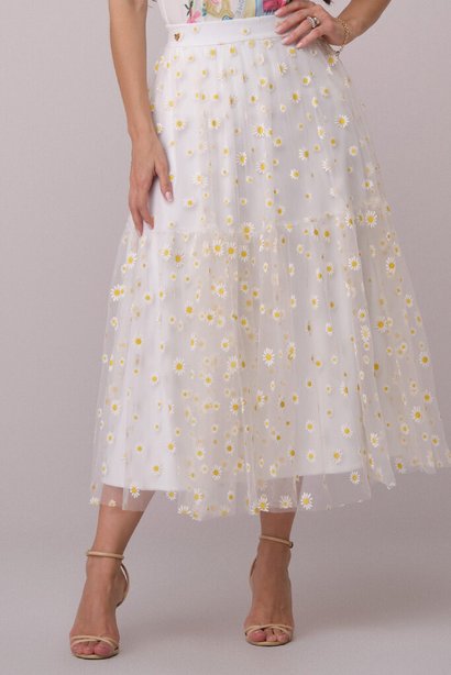 Saia Off White Midi no Tule com Flores Ariane Tata Martello