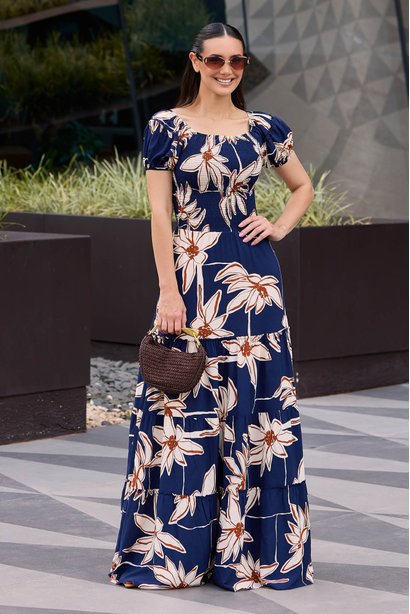 Vestido Azul Marinho Longo na Viscose Estampado Simone Tatá Martello