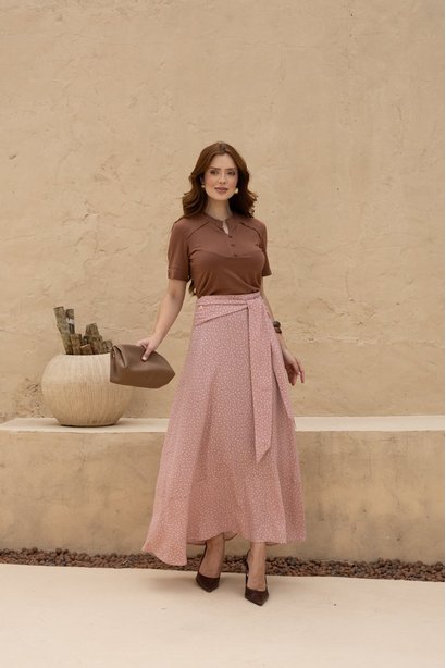 Conjunto Em Malha e Saia max Rosa com Estampa Poá Luciana Pais