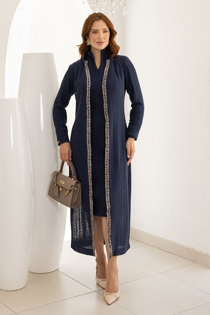 Conjunto Marinho com Max Cardigan e Detalhe em Fita Twed Luciana Pais