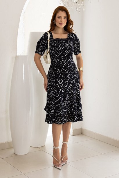 Vestido Midi Marinho Estampa Poá Com Babados e Detalhe de Renda Luciana Pais