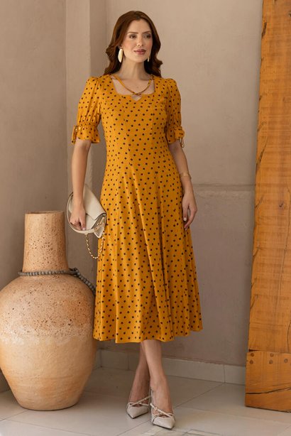 Vestido Midi Estampa Gravataria Com Detalhes de Franzidos nas Mangas Luciana Pais