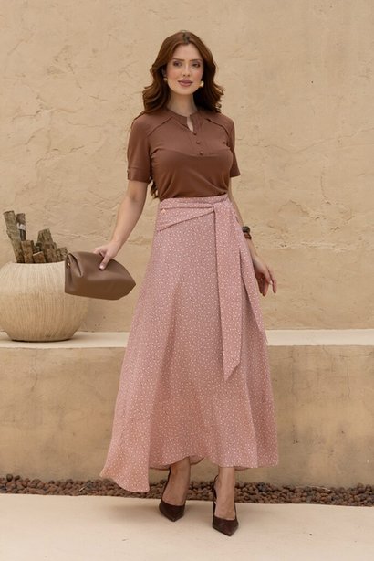 Conjunto Em Malha e Saia max Rosa com Estampa Poá Luciana Pais