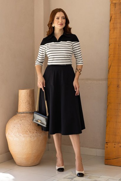 Conjunto Polo em Malha Listrada E Saia Midi Luciana Pais