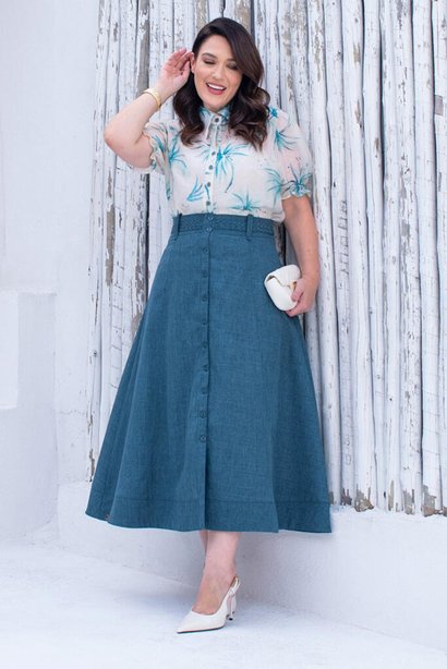 Conjunto Em Voil Estampa Exclusiva e Saia Midi Max Azul Kauly