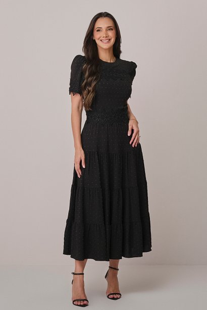 Vestido Preto Midi no Crepe Dots com Rendas Ananda Tatá Martello