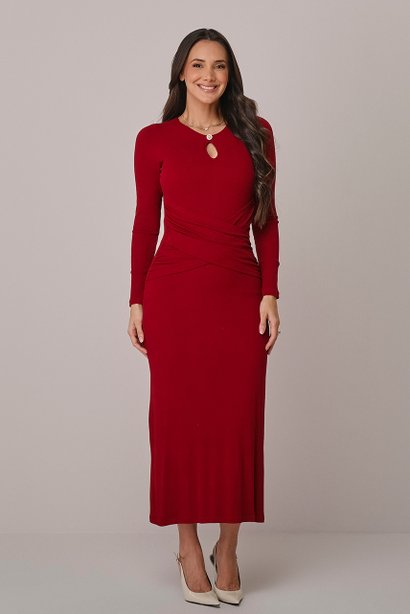 Vestido Bordô Midi na Malha com Transpassado na Cintura Marcela Tatá Martello