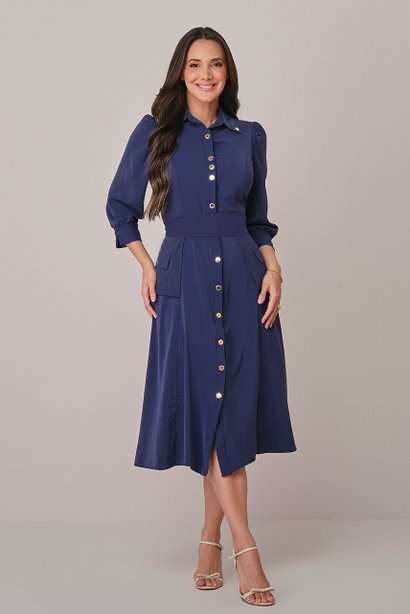 Vestido Azul Marinho Midi na Alfaiataria com saia Evasê Naila Tatá Martello