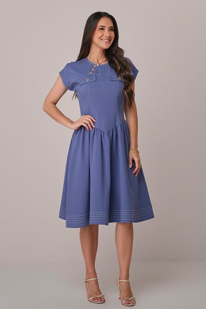 Vestido Azul Midi com Recortes e Botões Nagela Tatá Martello