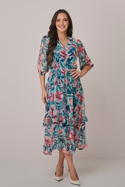 Vestido Verde Midi com Babados e Mangas 3/4 Cassiane Tatá Martello