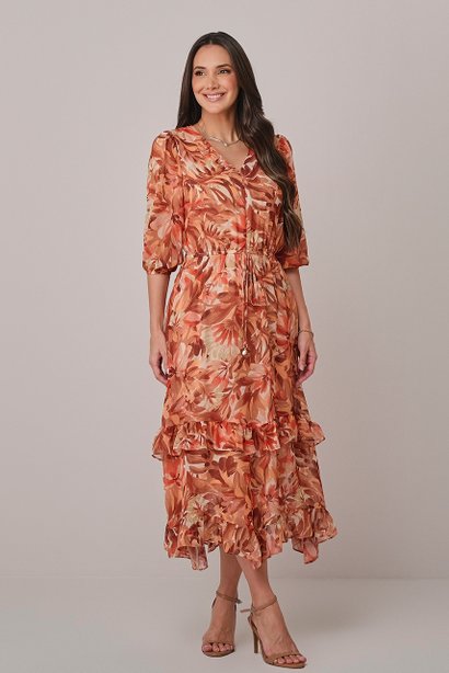 Vestido Laranja Midi com Babados e Mangas 3/4 Cassiane Tatá Martello