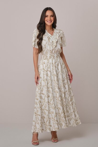 Vestido Verde Maxi Midi na Viscose Bordada Estela Tatá Martello