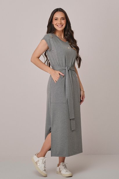 Vestido Cinza Maxi Midi com Faixa Pamela Tatá Martello