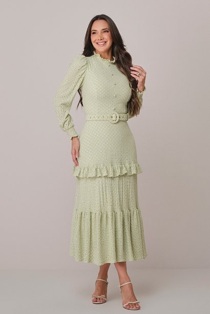 Vestido Verde Maxi Midi com Cinto Encapado Valeria Tatá Martello