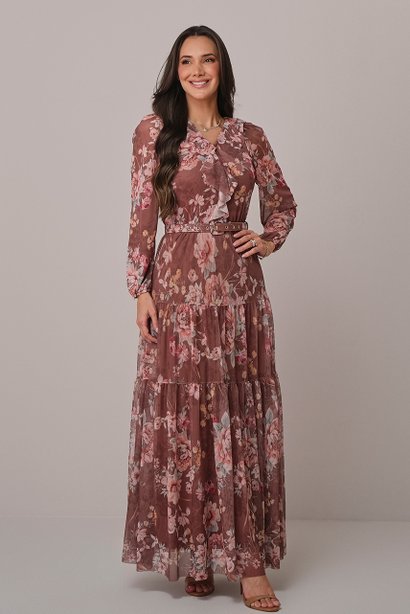 Vestido Marrom Longo no Tule Estampado Debora Tatá Martello