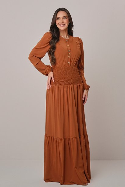 Vestido Marrom Longo no Crepe Maria Tatá Martello