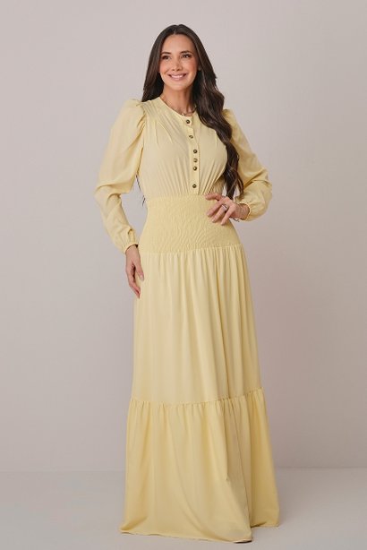 Vestido Amarelo Longo no Crepe Maria Tatá Martello