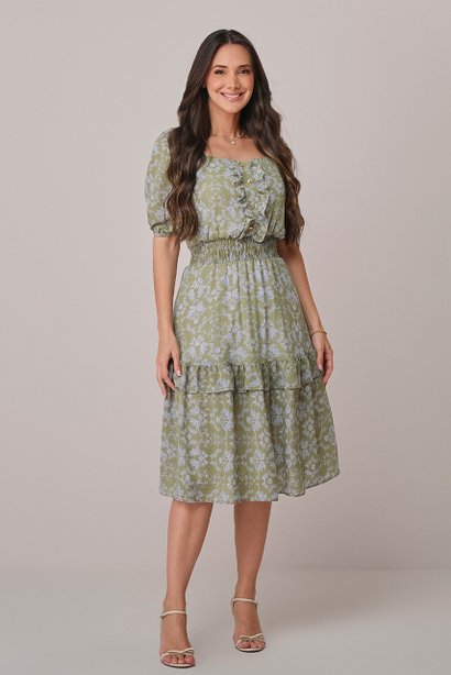 Vestido Verde Curto Estampado com Babado Vitoria Tatá Martello